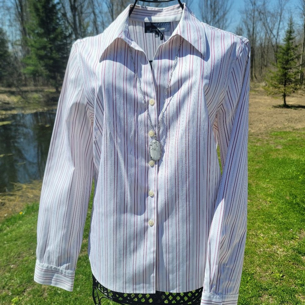 Evan Picone pinstripe button-up blouse, size 12 quickcare, EUC